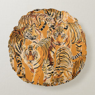 Vintage Tiger Safari Wildlife Pattern Round Cushion