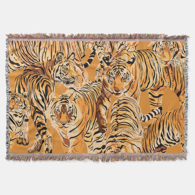 Vintage Tiger Safari Wildlife Pattern Throw Blanket (Front)