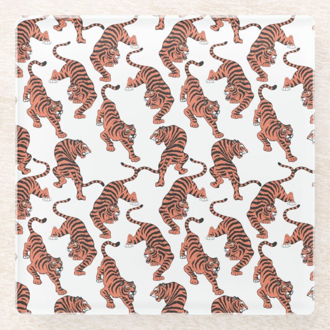 Vintage tigers, hand-drawn seamless pattern. glass coaster (Front)