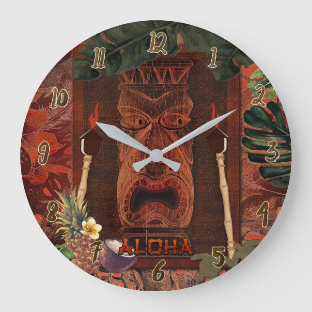 Vintage Tiki Aloha Hawaiian Tropical Island Large Clock (Front)