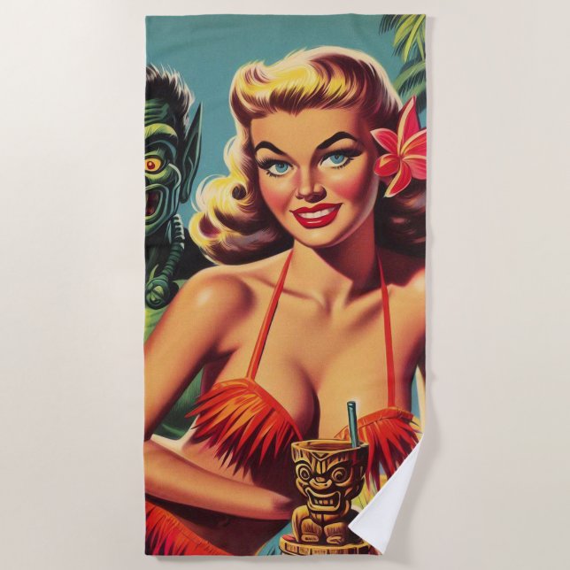 Vintage Tiki Pin Up Beach Towel (Front)