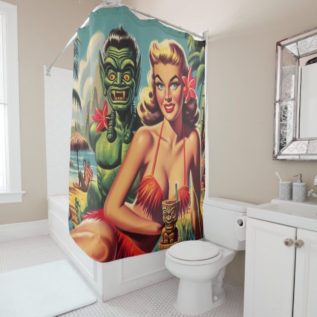 Vintage Tiki Pin Up Shower Curtain (In Situ)