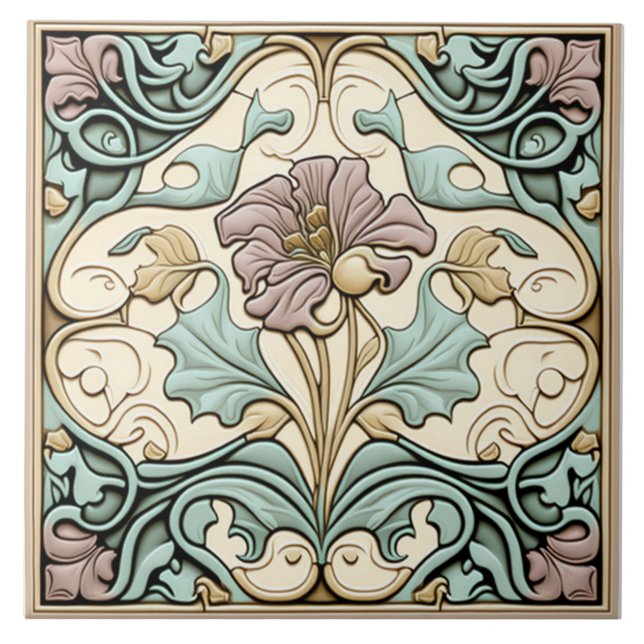 Vintage tile, Art Nouveau Rose flower, Pastel Tile (Front)