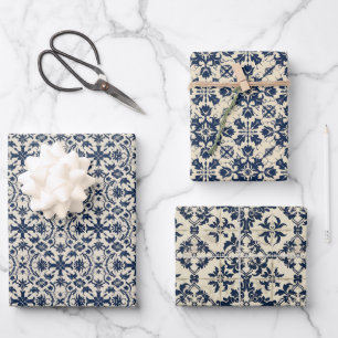 Vintage Tile Motif Pattern – Navy Blue Wrapping Paper Sheet