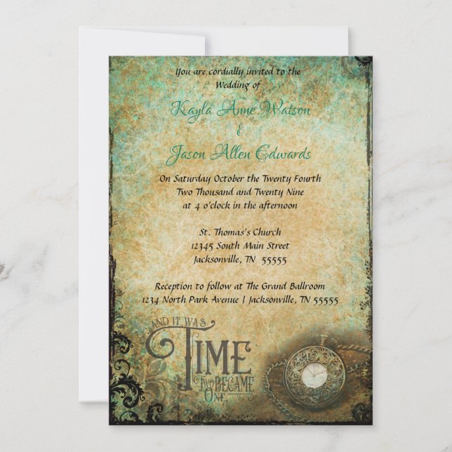 Vintage Time Piece Two Become One Wedding Invite (Front)