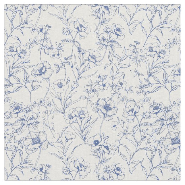 Vintage Timeless Elegance Blue Floral Pattern Fabric (Close Up)