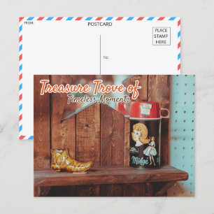 Vintage Tin Container and Golden Boot Figurine Postcard