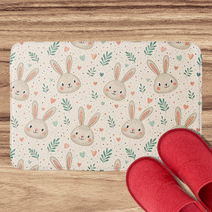 Vintage Tiny Bunny Faces with Roses Pattern Bath Mat