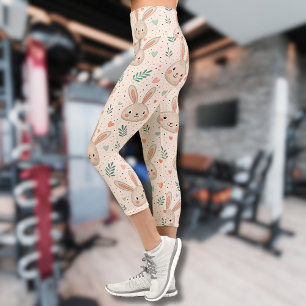Vintage Tiny Bunny Faces with Roses Pattern Capri Leggings