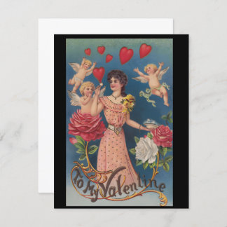 Vintage To My Valentine Lady with Cherubs Roses Holiday Card