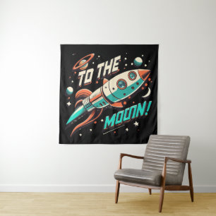 Vintage To The Moon Rocket ship Tapestry