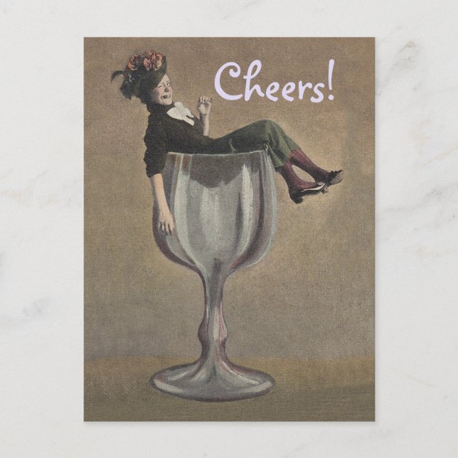 Vintage Toast Cheers! Lady in Wine Glass Postcard (Front)