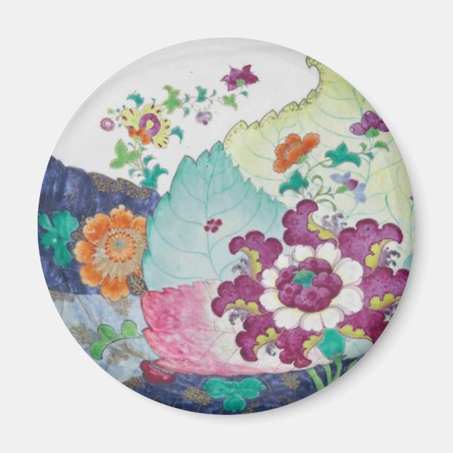vintage Tobacco Leaf blue white pink round magnet (Front)