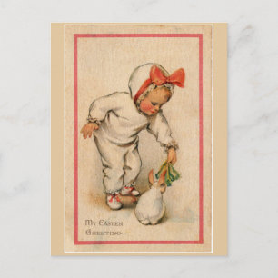 Vintage Toddler Feeding Bunny at Easter Postcard