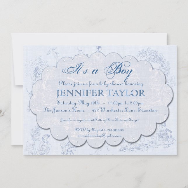 Vintage Toile Baby Shower Invitation Blue (Front)
