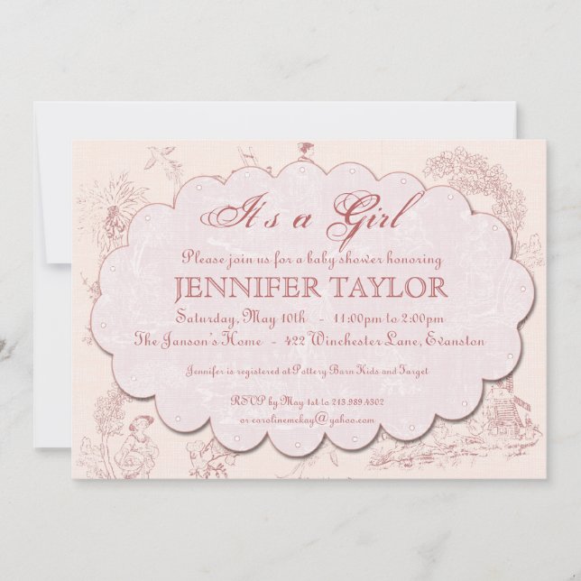 Vintage Toile Baby Shower Invitation Pink (Front)