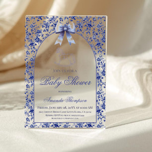 Vintage Toile Blue Bow Rocking Horse Baby Shower Acrylic Invitations