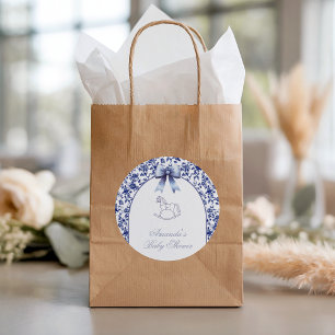 Vintage Toile Blue Bow Rocking Horse Baby Shower Classic Round Sticker