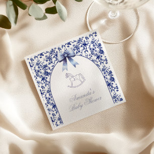Vintage Toile Blue Bow Rocking Horse Baby Shower Napkin