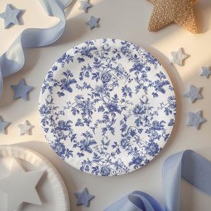 Vintage Toile Blue Bow Rocking Horse Baby Shower Paper Plate