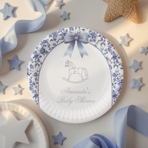 Vintage Toile Blue Bow Rocking Horse Baby Shower Paper Plate