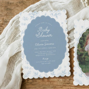 Vintage Toile Blue Floral Scalloped Baby Shower Invitation