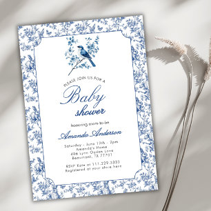 Vintage Toile De Jouy Blue Bunny Bird Baby Shower Invitation
