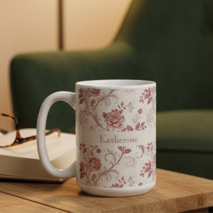 Vintage Toile De Jouy Dusty Rose Pattern Name Coffee Mug