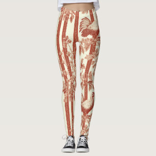 Vintage Toile de Jouy Floral Stripe with Hen (10) Leggings