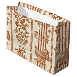 Vintage Toile de Jouy Floral Stripe with Hen (4) Large Gift Bag