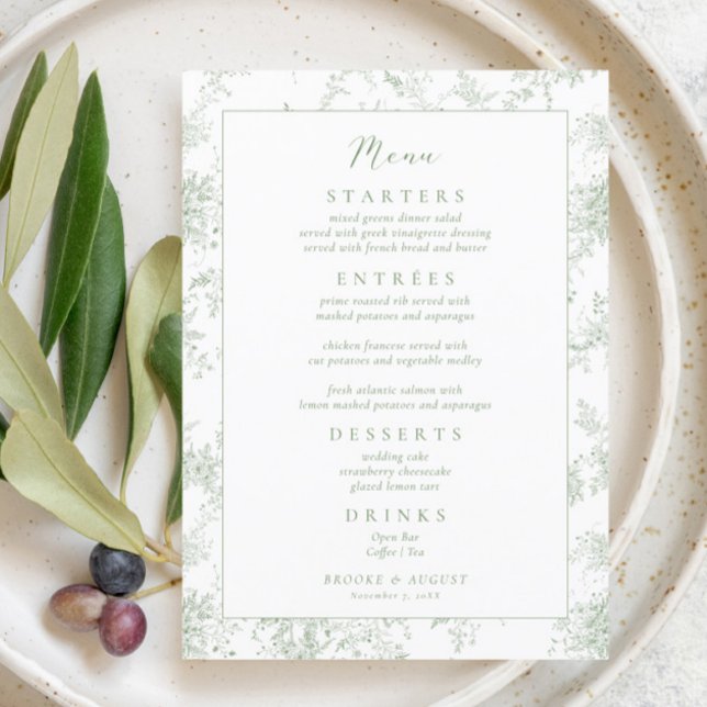 Vintage Toile Green Wedding Menu (Creator Uploaded)
