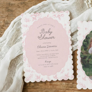 Vintage Toile Pink Floral Scalloped Baby Shower Invitation