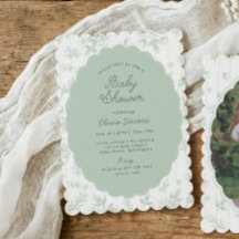 Vintage Toile Sage Floral Scalloped Baby Shower