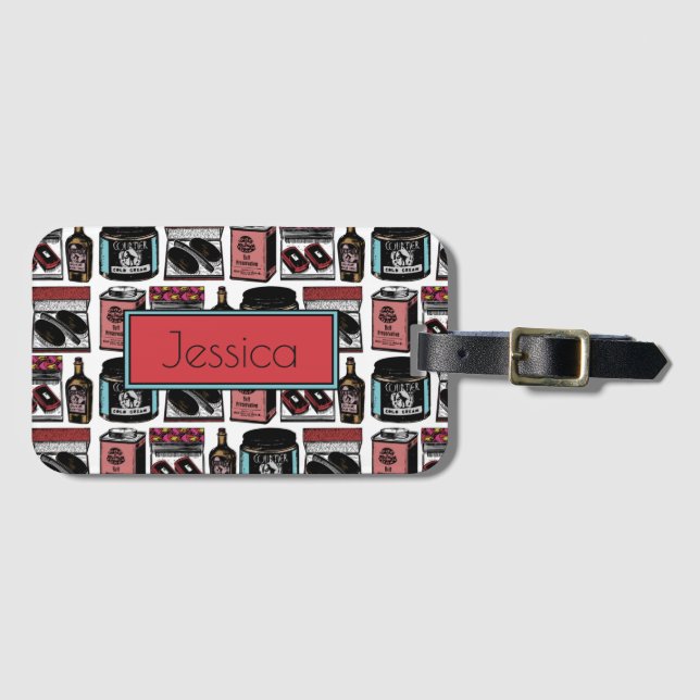 Vintage Toiletries Pattern Personalised  Luggage Tag (Front Horizontal)
