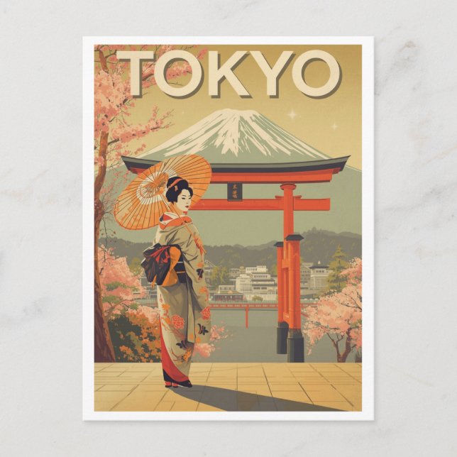 Vintage Tokyo Cherry Blossom Fuji Postcard (Front)