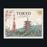Vintage Tokyo Japan Travel Poster Art Postcard<br><div class="desc">Travelers often find it difficult to locate high-quality Japanese souvenirs that move beyond neon-soaked cityscapes and cluttered imagery. This design solves that aesthetic challenge by offering a refined, artisanal tribute to Tokyo, featuring a beautifully balanced composition of the Tokyo Tower, a traditional five-story pagoda, and the majestic, snow-capped Mount Fuji....</div>