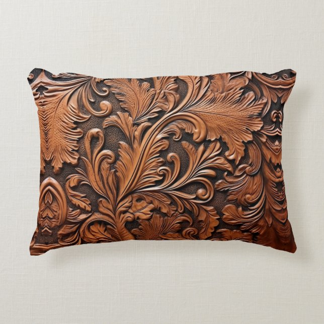 Vintage tooled leather decorative cushion (Front)