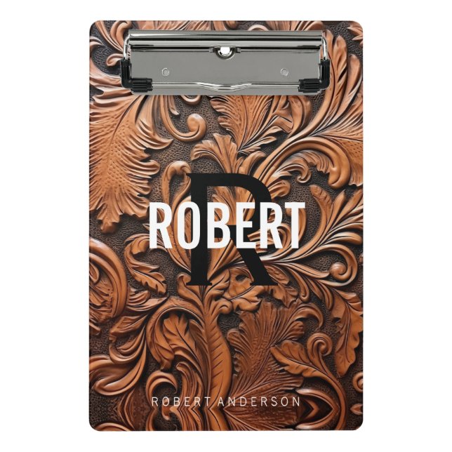 Vintage tooled leather monogram name mini clipboard (Front)