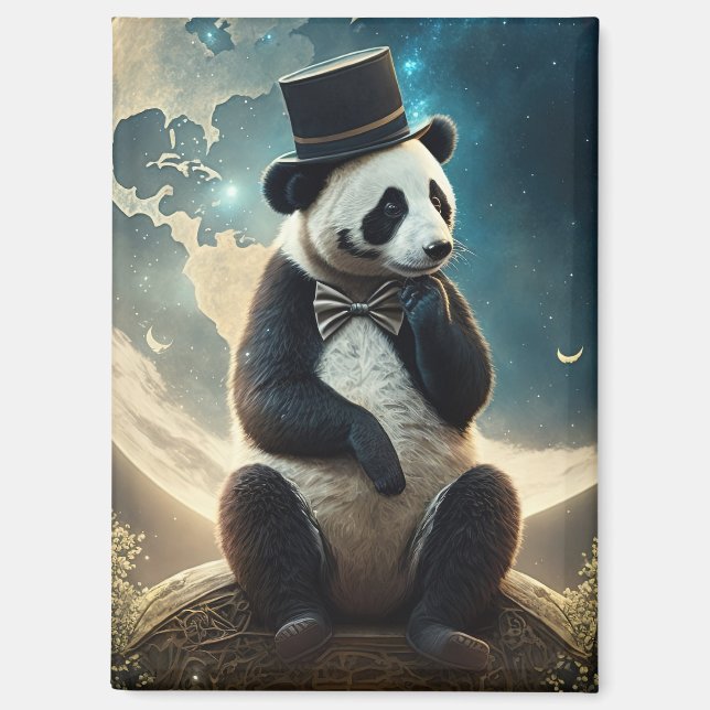 Vintage Top Hat Moon Panda Bear Magnet (Front)