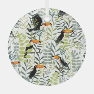 Vintage Toucans Green Leaves Pattern Glass Tree Decoration