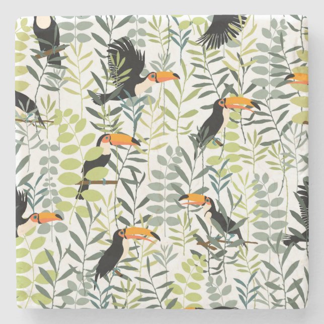 Vintage Toucans Green Leaves Pattern Stone Coaster (Front)