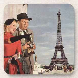 Vintage Tourists at Eiffel Tower, Paris Vacation Coaster