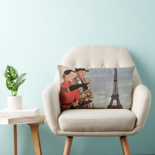 Vintage Tourists at Eiffel Tower, Paris Vacation Lumbar Cushion