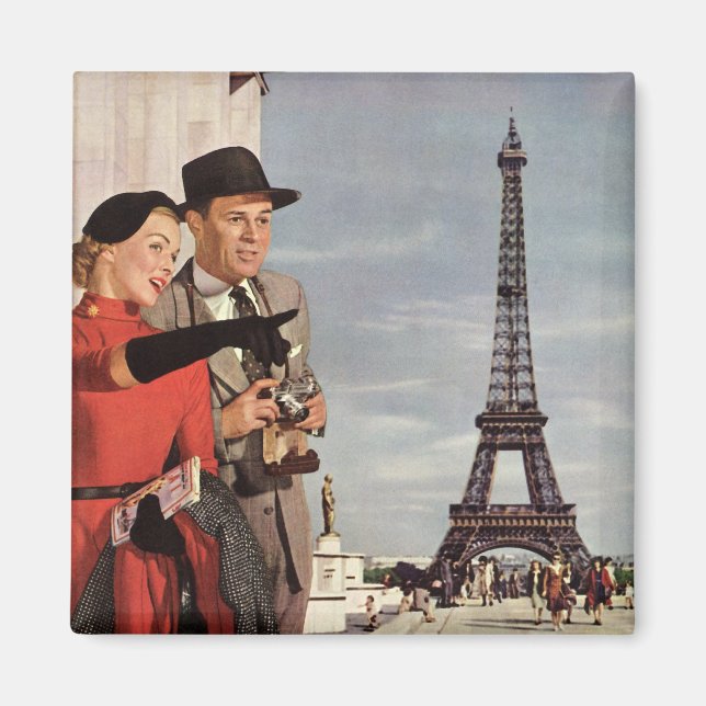 Vintage Tourists at Eiffel Tower, Paris Vacation Magnet (Front)