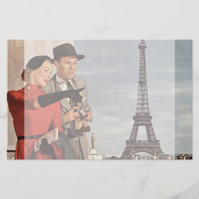 Vintage Tourists at Eiffel Tower, Paris Vacation Stationery (Front)