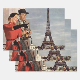 Vintage Tourists at Eiffel Tower, Paris Vacation Wrapping Paper Sheet