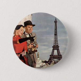 Vintage Tourists Travelling in Paris Eiffel Tower 6 Cm Round Badge