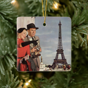 Vintage Tourists Travelling in Paris Eiffel Tower Ceramic Tree Decoration