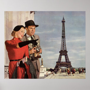 Vintage Tourists Travelling in Paris Eiffel Tower Poster