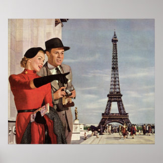 Vintage Tourists Travelling in Paris Eiffel Tower Poster